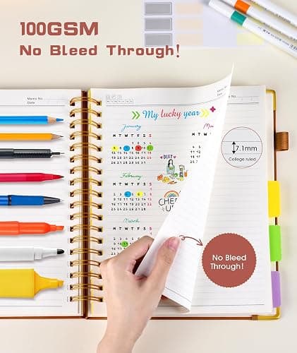 Hardcover Spiral Notebook journal with Removable Dividers Tabs, 300 Pages Leather 5 Subject Notebook College Ruled,A5 Notebooks for Work School Note taking,Lined Journal for Women,A5 Light Brown thumbnail 6
