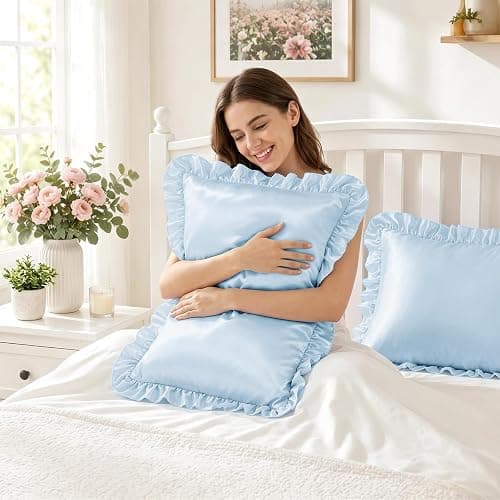 SiinvdaBZX Ruffled Standard Satin Pillowcase Set of 2, Baby Blue | 20 x 26 Inch Silky Satin Pillow Cases for Women Ruffle Pillow Shams Covers Princess Room Decoration, Envelope Closure thumbnail 4
