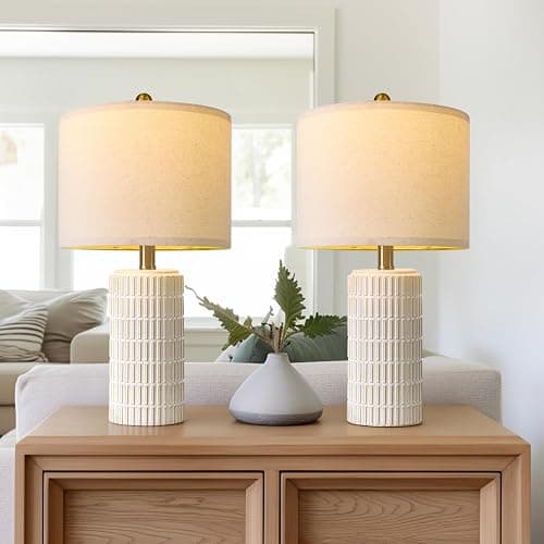PoKat 20.75" Small Modern Ceramic Table Lamps Set of 2 for Bedroom, White Bedside Lamps for Night Stands, Farmhouse Desk Decor Gift Nightstand Table Lamps for Living Room End Table Beige thumbnail 7