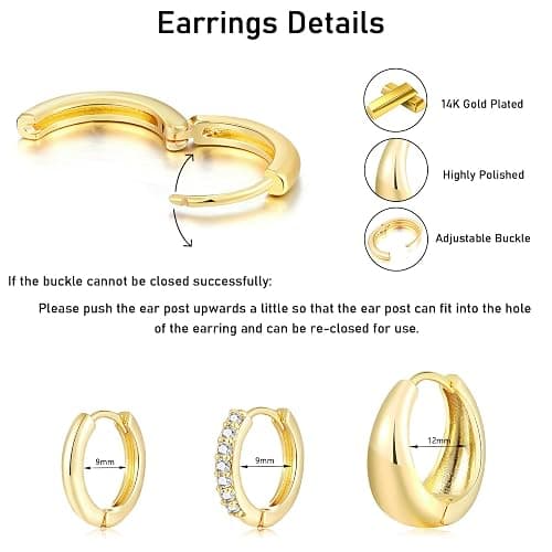 3 Pairs Gold Hoop Earrings Set for Women, 14K Gold Plated Hypoallergenic Lightweight Small Huggie Earrings for Gift thumbnail 4