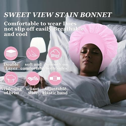 4PCS Satin Hair Bonnet for Sleeping,Bonnets for Black Women Men,Silk Bonnet for Sleeping,Hair Wrap Cap for Curly Hair,Elastic Wide Band Hair Bonnet Shower Cap (Black & Blue & Pink & Purple) thumbnail 6