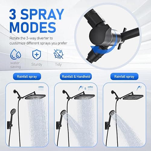 Seacity Wide Rain Shower Head With 5 Modes Handheld Showerheads, High Pressure Showerhead Combo with Extension Arm for Bathroom Accessories, Adjustable Shower Head with Anti-Clog Nozzles (Black) thumbnail 3
