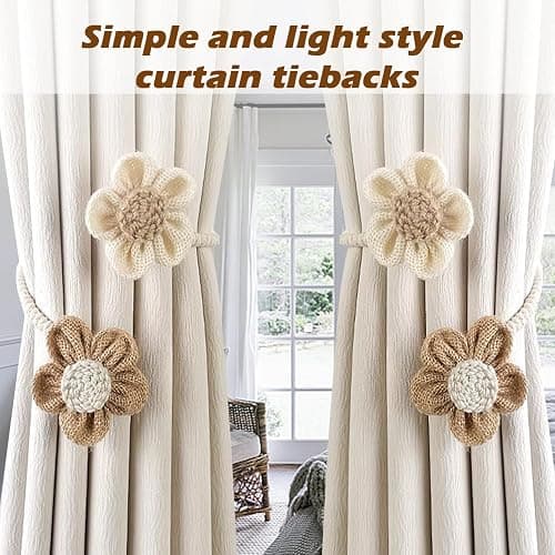 SRG Curtain Tiebacks for Curtains 2 Pack, Decorative Curtain Holdbacks for Drapes, Handmade Tie Backs No Drilling for Home Bedroom Window Decor – Sunflower Cream Khaki thumbnail 7