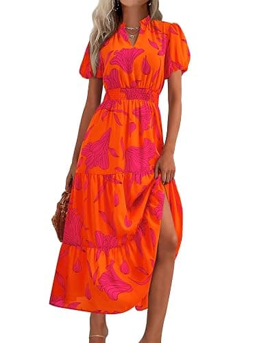 MASCOMODA Summer Maxi Dresses for Women 2025 Casual V Neck Puff Short Sleeve Smocked Flowy Beach Boho Long Floral Dress - Image 1