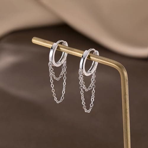 Reffeer Solid 925 Sterling Silver Tassel Chain Drop Dangle Small Hoop Earrings Huggie for Women Teen thumbnail 7
