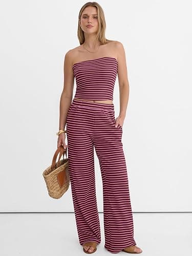 ANRABESS Women 2 Piece Sets Summer Striped Outfits Matching Tube Top Wide Leg Lounge Pants 2026 Travel Beach Vacation Clothes thumbnail 4