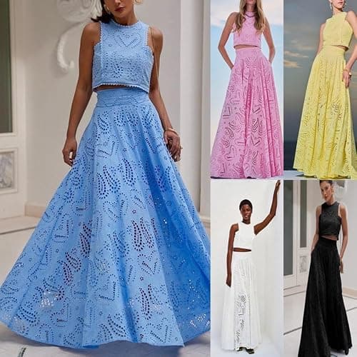 Women's Summer 2 Piece Outfits,Crop Tank Tops Long Skirt,Set Sleeveless Maxi Dress Nightclub Party Dress with Pocket Summer thumbnail 8