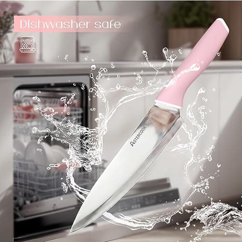 Astercook Knife Set, Kitchen Knives Set with Block and Sharpener 15 Pcs German Stainless Steel Knives Sharp Blade Dishwasher Safe Deba Knives with Ergonomic Handle, Crystal Pink thumbnail 9