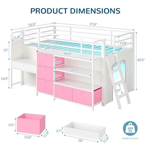 Low Loft Bed Twin Size with Desk, 6 Storage Drawers & Bookshelf, Kids Loft Bed with LED Lights & Under-Bed Play Space, Heavy Duty Metal Bed Frame with 13.8"H Safety Guardrail & Ladder, White and Pink thumbnail 2