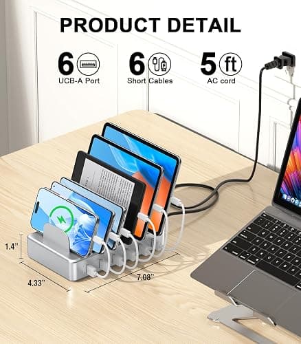 CREATIVE DESIGN 6 Port Charging Station for Multiple Devices,50W Multi Phone Charging Station with 6 Cables, Multiple USB Charger Station Designed for Cellphone iPad iPhone Tablet (Silver) thumbnail 6