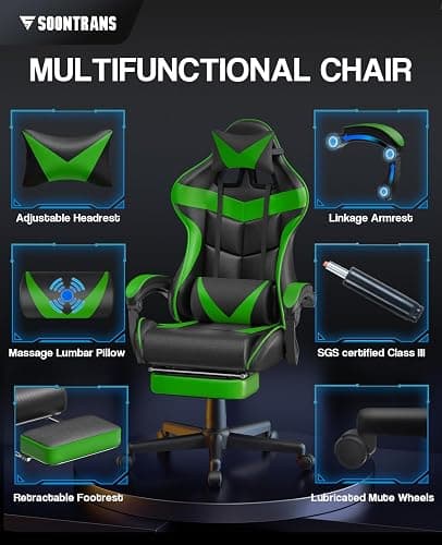 Soontrans Green Gaming Chair with Footrest,Racing Gaming Chair,Computer Gamer Chair,Ergonomic Game Chair with Adjustable Headrest and Lumbar Support(Jungle Green) thumbnail 3