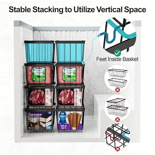 iSPECLE Freezer Storage Bins - 6 Pack Small Stackable Deep Freezer Organizer Bins for Most 7 Cu.FT Chest Freezer Sort Frozen Food, Freezer Basket with Handles Easy to Get Food from Bottom, Black thumbnail 3