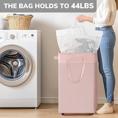 Goodpick Pink Laundry Basket with Wheels, Dorm Room Essentials for Girls, 75L Collapsible Laundry Basket, Laundry Hamper with Handle for College Dorm thumbnail 6