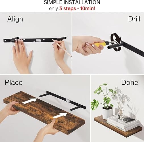 BAYKA Floating Shelves Set of 2, 22.5 inches Farmhouse Rustic Wood Wall Mounted Shelves for Bathroom, Bedroom, Living Room or Kitchen, Hanging Shelf Decor Book with 22lbs Capacity, Rustic Brown thumbnail 6