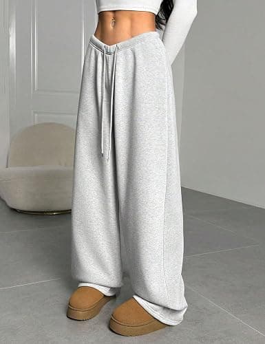 HeSaYep Women's Fleece Lined Sweatpants V-Waisted Wide Leg Sweat Pants Winter Warm Pants with Pockets thumbnail 3