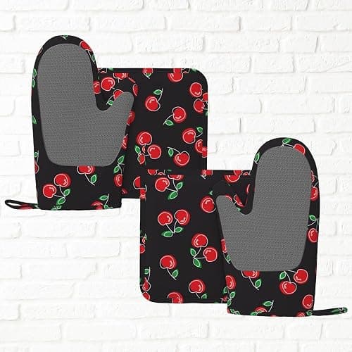 Red and Black Cherry Oven Mitts and Pot Holders Sets of 4, Heat Resistant Silicone Oven Mittens and Potholders Gloves Hot Pads for Kitchen Cooking Baking Grilling BBQ Chef thumbnail 6