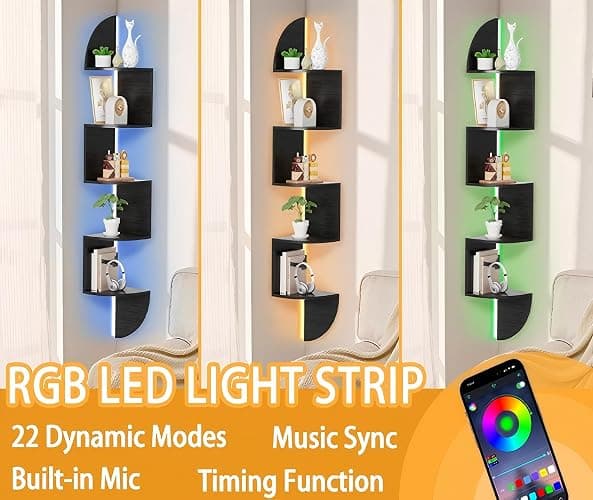 Corner Shelf, 5 Tier Bookshelf with LED Light, Corner Shelf Wall Mounted, Floating Shelves for Wall, Display Stand for Bedroom, Living Room, Bathroom, Home, Office, Black - Black - 5 Tier thumbnail 2