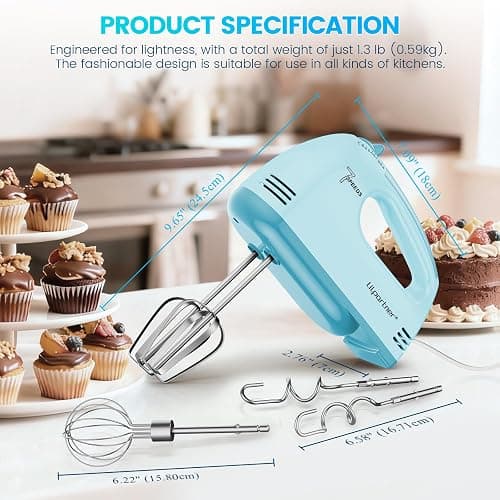 LILPARTNER Hand Mixer Electric, Ultra Power Kitchen Hand Mixer With 7-Speed & 5 Stainless Steel Accessories for Whipping Dough, Cream, Cake, Dishwasher Safe, Blue thumbnail 5