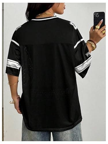 RoseSeek Jersey Shirts for Women Number Graphic V Neck Oversized Tshirts Y2k Football Jersey Streetwear thumbnail 2
