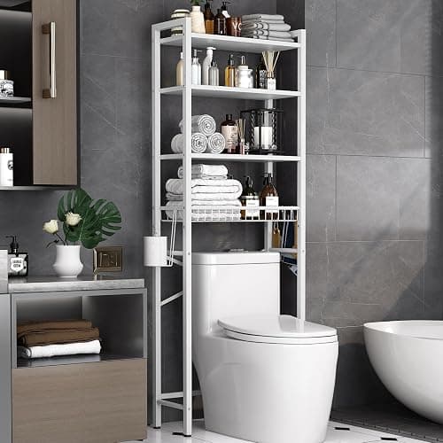 Kalrin Over-The-Toilet Storage Rack, 4-Tier Bathroom Organizer Shelf Over Toilet with Adjustable Shelf and Basket, Freestanding Space Saver Bathroom Shelves Above Toilet for Room (Pure White) - Image 1