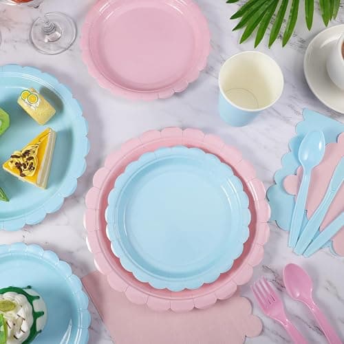 Xiangqu 350 Pcs Baby Gender Reveal Plates and Napkins, 50 Guest Boy or Girl Gender Reveal Party Supplies Include Light Pink and Light Blue Plates Napkin Cup Plastic Spoon Fork Knive for Baby Shower thumbnail 5