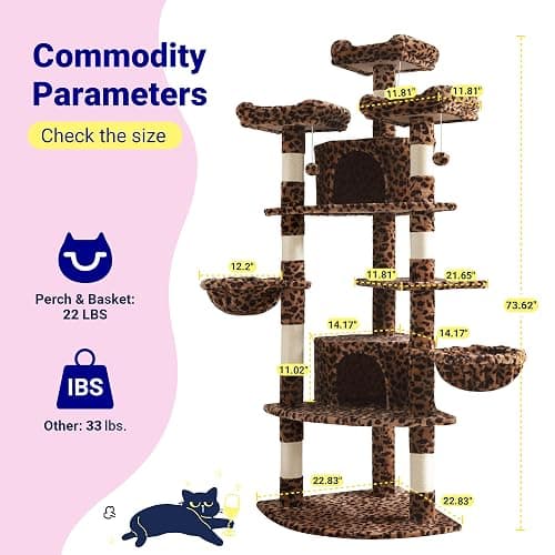 Allewie 73in Fan-Shaped Space-Saving Corner Cat Tower/Multi-Level Tall Cat Tree for Indoor Kitties/Cozy Baskets/Condos/House/Perches/Sisal Scratching Posts/Pet Activity Center/Leopard Print thumbnail 6