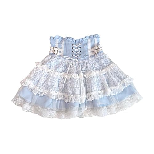 Cuteighteen Lolita Ruffle Short Skirt Women Teens Japanese Y2k Kawaii Elastic High Waisted Lace Up Tiered Flowy Cute Skirts - Image 1