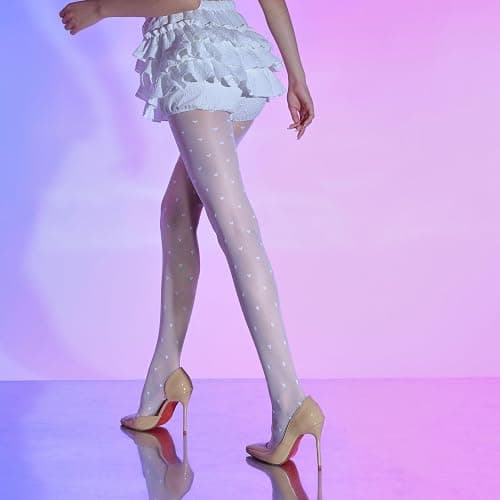 Women’s 15D Sheer Pantyhose Polka Dots Hearts Patterned High Waist Ultra Stretchable Footed Tights Plus Size Stockings - One Size Plus Tall - White thumbnail 8
