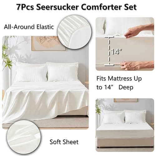 CozyLux Full Size Comforter Sets with Sheets Seersucker 7 Pieces Ivory Bed in a Bag Textured Luxury Soft Bedding Set with Down Alternative Comforter, Sheets, Pillowcases & Shams for All Seasons thumbnail 5