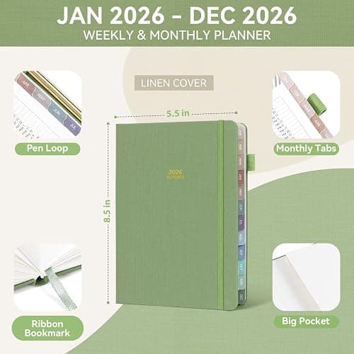 Getink 2026 Planner Weekly & Monthly Daily Agenda Book with Linen cover, 2026 To Do List Notebook with Colorful Monthly Tabs, Inner Pocket, Elastic Closure (Green,5.5 * 8.5) thumbnail 3