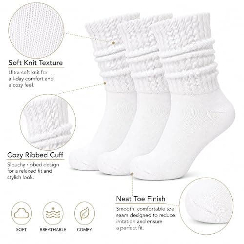 SURGETIDE 3 Pairs Slouch Socks for Women & Men, Ribbed Scrunch Crew Socks | 3-pair cotton-rich ribbed slouch socks for women and men, thick scrunch crew socks for boots, sneakers and lounging. thumbnail 5