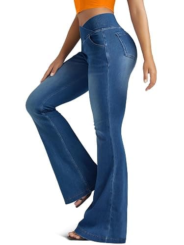 FUNUCA Knit Stretchy Jean Leggings for Women with Crossover High Waisted Bell Bottom Yoga Pants Flare Leggings with Pockets - Image 1
