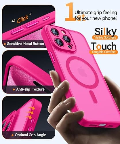 CANSHN Magnetic Compatible with iPhone 15 Pro Case, Upgraded [Full Camera Protection] [Compatible with Magsafe] [Translucent Matte] Shockproof Protective Phone Case Cover 6.1 Inch - Hot Pink thumbnail 6