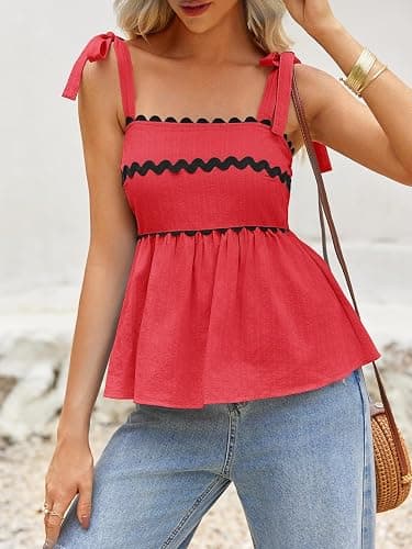 Tankaneo Womens Cute Tank Tops Summer Casual Peplum Babydoll Square Neck Tie Strap Backless Shirts thumbnail 4