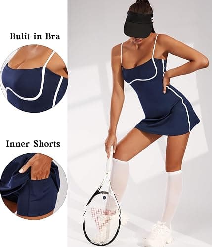 Move With You Womens Workout Tennis Dress with Built-in Bra & Shorts Pockets Sleeveless Exercise Golf Dresses thumbnail 3