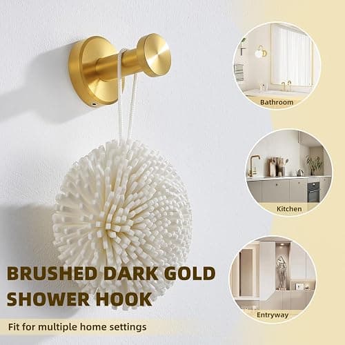 APLusee Brushed Dark Gold Towel Hook for Bathroom, 304 Stainless Steel Round Towel Hanger, Heavy Duty Wall Hook for Kitchen Garage Wall Mounted thumbnail 7
