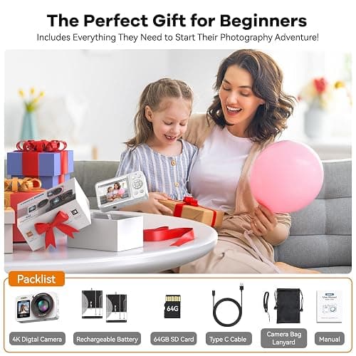 Deatti Digital Camera FHD 4K with Dual Screen 64GB SD Card 2 Batteries,18X Zoom,Anti Shake Portable Rechargeable Camera for Teens Boys Girls Kids,White thumbnail 9