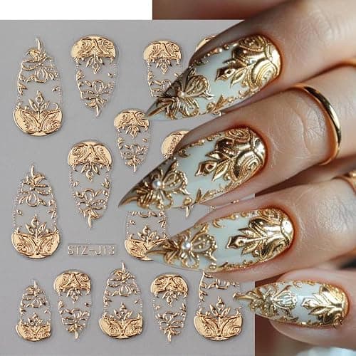 Gold Nail Art Stickers 3D Self-Adhesive Golden Foil Leaf Nail Decals Nail Art Supplies 3PCS Metallic Totem Leaves Summer Nails Design Embossed Sticker Manicure Sliders for Women DIY Nail Decorations thumbnail 3