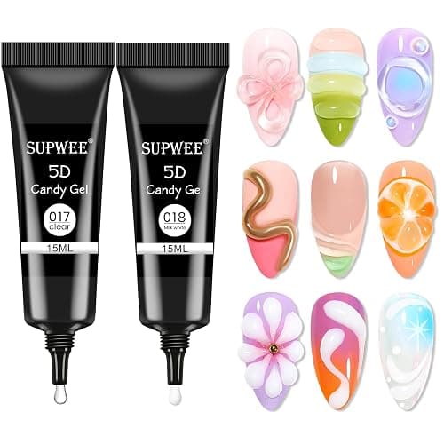 SUPWEE 3D Nail Art Gel 2PCS, Korean 3D Tube Nail Gel Sculpting Gel for Nail Art Soft Tube DIY Carving Drawing Line Painting Gel for Nail Design Clear and Milky White, 30g - Image 1