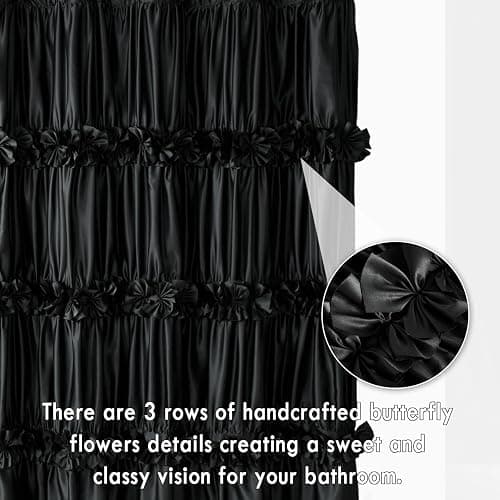 Homechoice Decor Black Ruffle Shower Curtain, Vintage Handcrafted Bow Tie Bath Curtain for Master Bathroom, Ruched Satin Bathroom Curtain with 12 Buttonholes, 72" W x 84" H (LQ-10) - Black - 72"W x 84"L (Pack of 1) thumbnail 3