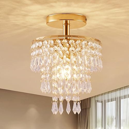 Modern Mini Crystal Chandelier, 3-Tier Raindrops Design Small Chandelier Light Fixture, Flush Mount Ceiling Light Fixture for Bedroom, Hallway, Living Room - E26 Base, Chandelier for Bedroom (Gold) - Image 1