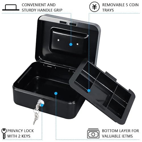 KYODOLED Medium Cash Box with Removable Money Tray, Key Lock Metal Storage Box with 2 Keys & Portable Handle, Safe Cash Drawer, 7.87"x 6.30"x 3.54", Black thumbnail 6