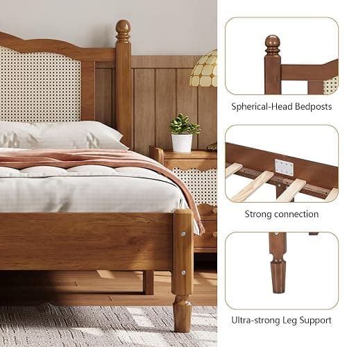 Anwick Queen Size Boho Rattan Bed Frame with Headboard, Noise-Free | Walnut Wooden Platform Bed Wooden Slat Support Silent, Vintage Bedframe , No Box Spring Needed thumbnail 5