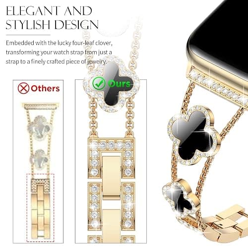 CTYBB Bling Diamond Band Compatible with Apple Watch Bands for Women 42mm 44mm 45mm 46mm Series 11 10 9 8 7 6 5 4 SE 3 2 1, Sparkle Metal Bracelet Wristband, Cute Lucky Clover Dressy iWatch Band,Gold/Black thumbnail 2