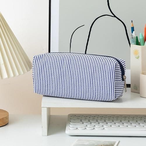 Pencil Case Cute Large Capacity Fashion Simple Pencil Pouch Aesthetic Stripe Pen Bag with Practical Smooth Zipper Small Portable Cosmetic Organizer Stationery Pouch for School and Office Supplies (F) thumbnail 2