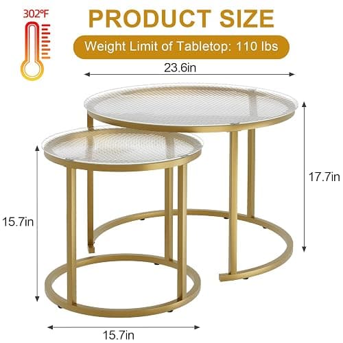 aboxoo Nesting Coffee Table Set of 2, Small Round Glass Nesting Tables for Living Room Bedroom, Accent Tea Table with Gold Metal Frame Modern Industrial Simple thumbnail 2