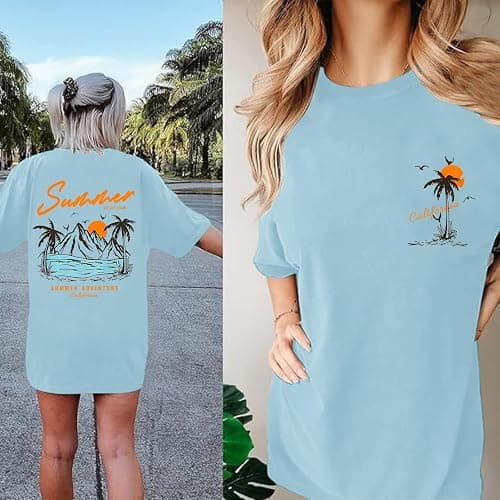 KEEVICI Beach California T Shirts Oversized Beachy Graphic Tees for Women Vintage Shirts Baggy Summer Cotton Vacation Tops thumbnail 2