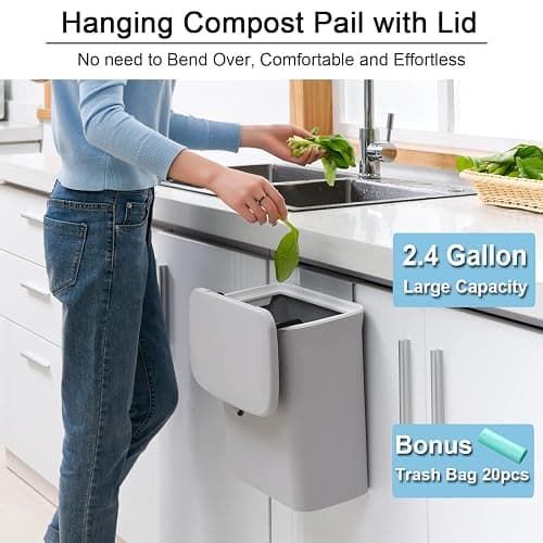 Tiyafuro 2.4 Gallon Kitchen Compost Bin for Counter Top or Under Sink, Hanging Small Trash Can with Lid for Cupboard/Bathroom/Bedroom/Office/Camping, Mountable Indoor Compost Bucket, Gray thumbnail 3