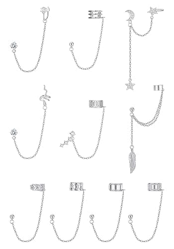 ADRAMATA 10 Stücke Ohr Manschette Ohrringe Kette für Damen Schlange Feder Ohr Manschette Kreuz Mond Stern Ohr Bergsteiger Helix Knorpel Crawler Ohrringe Quaste Gold Silver Ear Cuff Earrings für Damen - Image 1