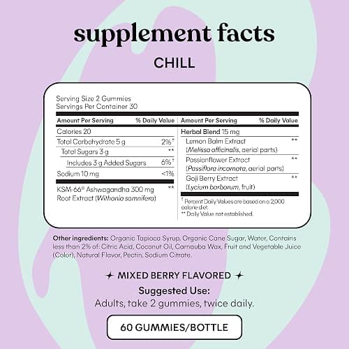 Lemme Chill Stress Relief Gummies with 300mg KSM-66 Ashwagandha, Lemon Balm, Passionflower & Goji to Support Relaxation, Healthy Cortisol & Sleep - Gluten-Free, Non-GMO, Mixed Berry (60 Count) thumbnail 5